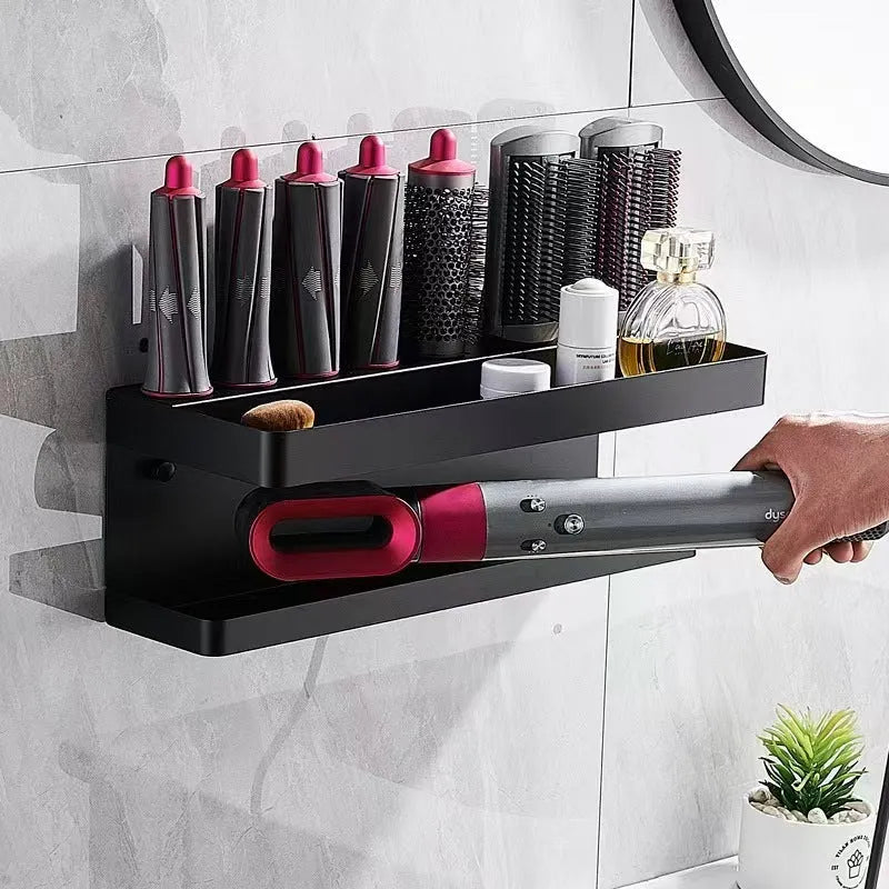 White double layer punch-free bathroom storage rack holding Marcel wavers and hair curlers