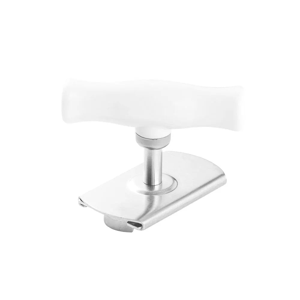 White stainless steel manual adjustable bottle opener with gear design on a table