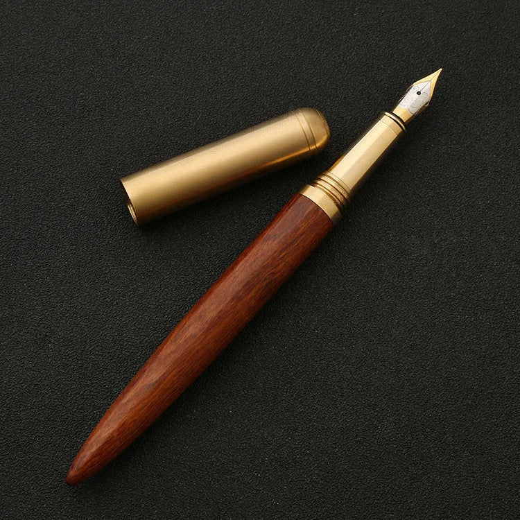 Brass sandalwood signature pen 14cm solid wood metal barrel ballpoint on white background