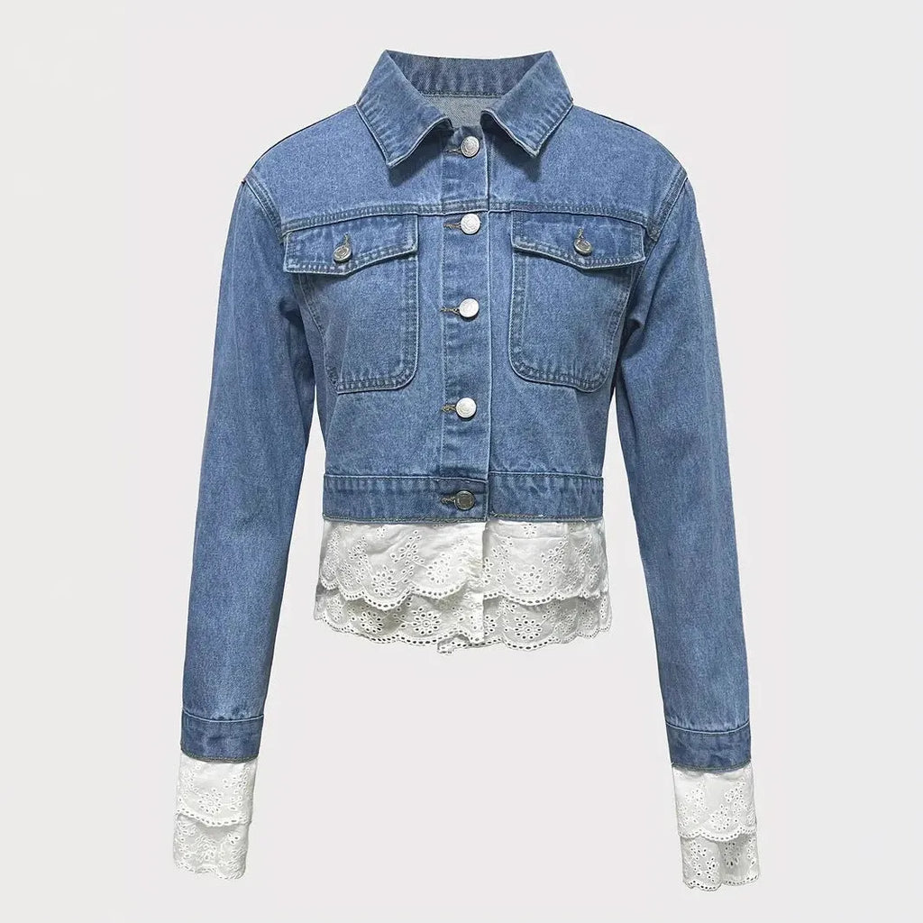 Blue women's denim jacket with lace stitching trim on long sleeves