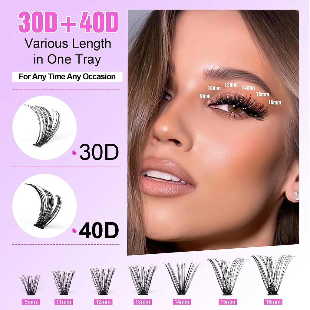 DIY cluster false eyelashes mixed package showing 30D and 40D thicknesses with tweezers