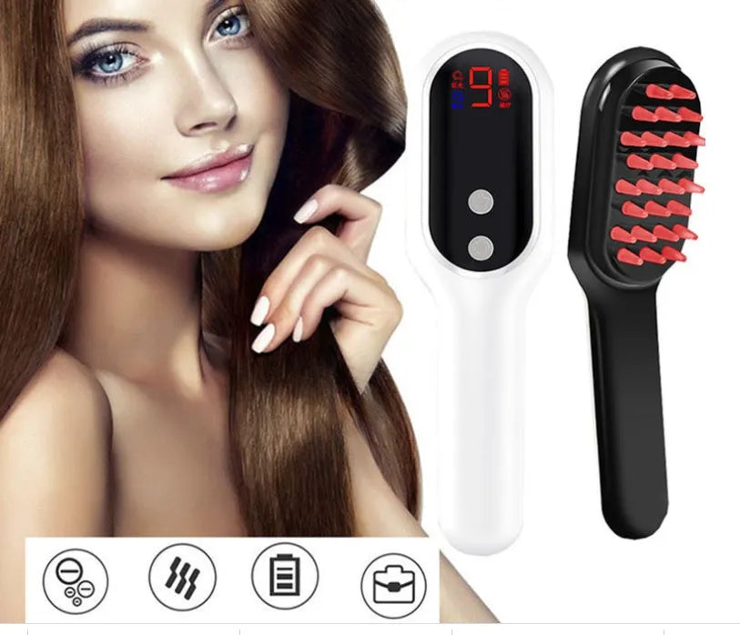 White electric head massager comb with red and blue lights and LED display on scalp