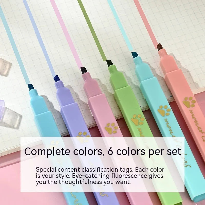 Cat's paw fluorescent marking pen set with six coloured oblique-head refills in plastic case