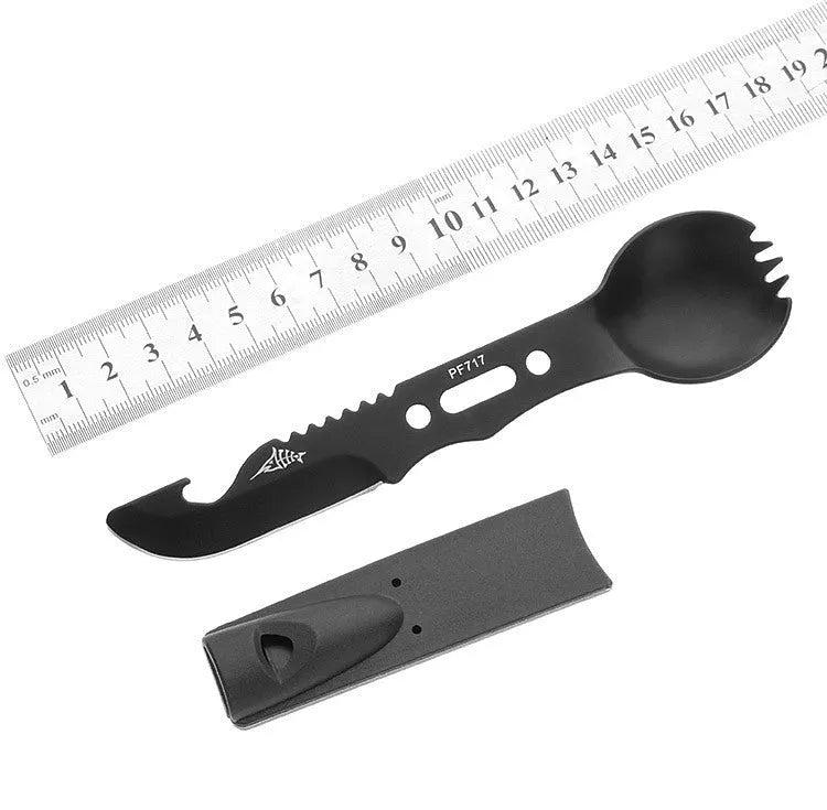 3Cr13 stainless steel outdoor spoon fork knife set with whistle 15.7cm camping tool black colour