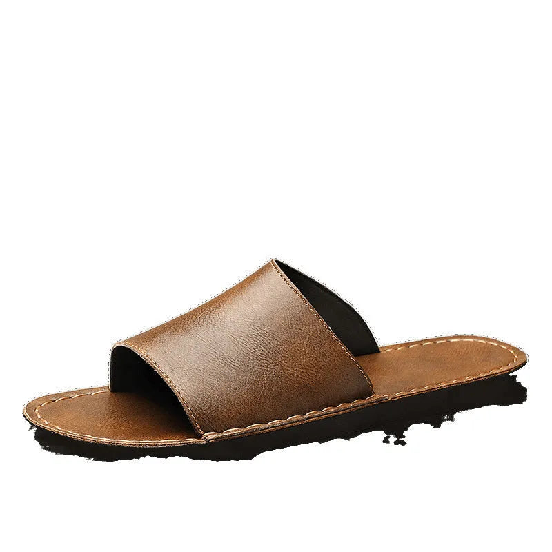 Men's brown leather sandals with rubber soles for summer casual wear