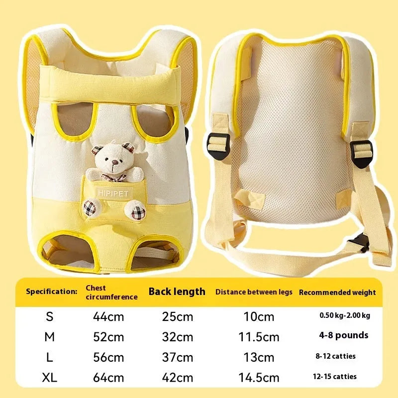 A cartoon-patterned canvas chest bag for pets with adjustable ribbon straps, shown in the Beka Yellow Bear design.