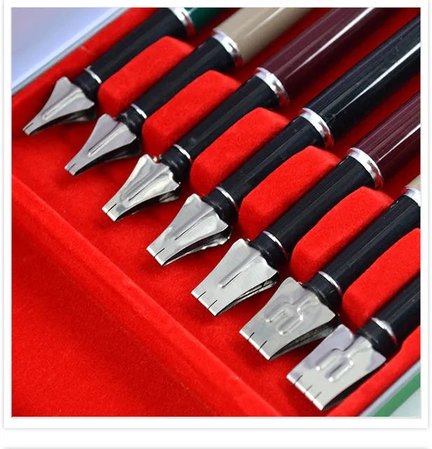 Right Point 7-piece calligraphy pen set with black ink, stainless steel tips, plastic metal penholders, widths 2MM to 11MM
