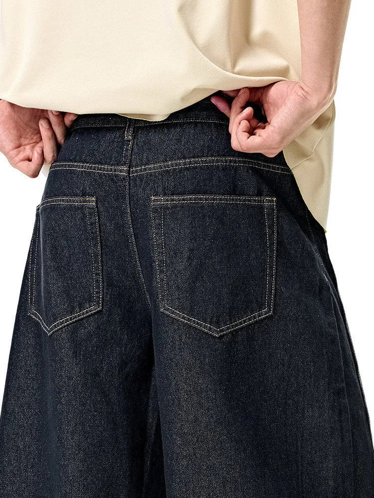 Men's wide leg denim trousers in original cow colour, mid waist design