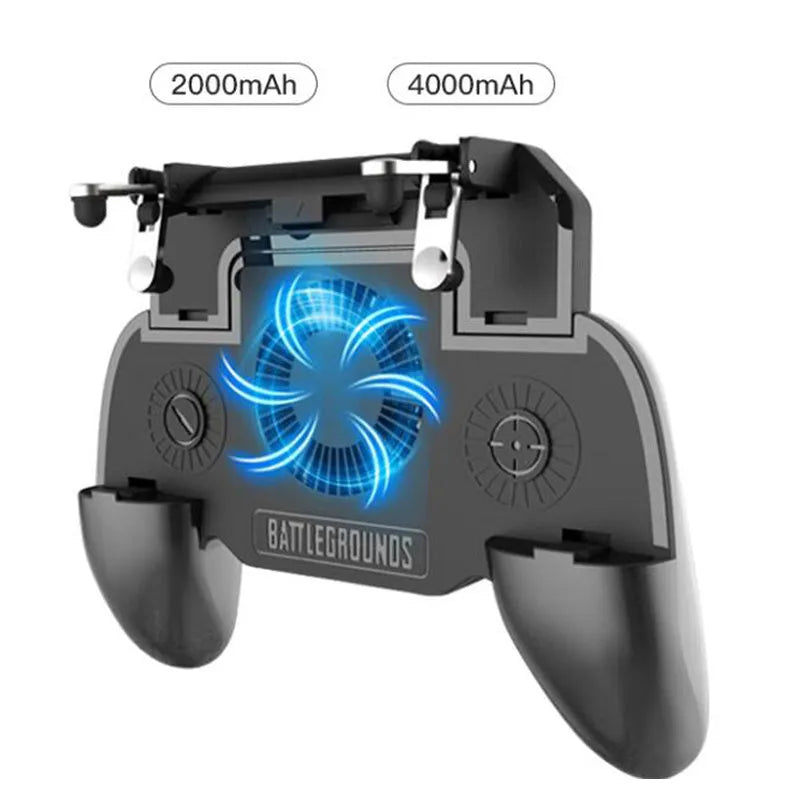 Black mobile game controller with USB connector, grip texture, and action buttons on a smartphone.