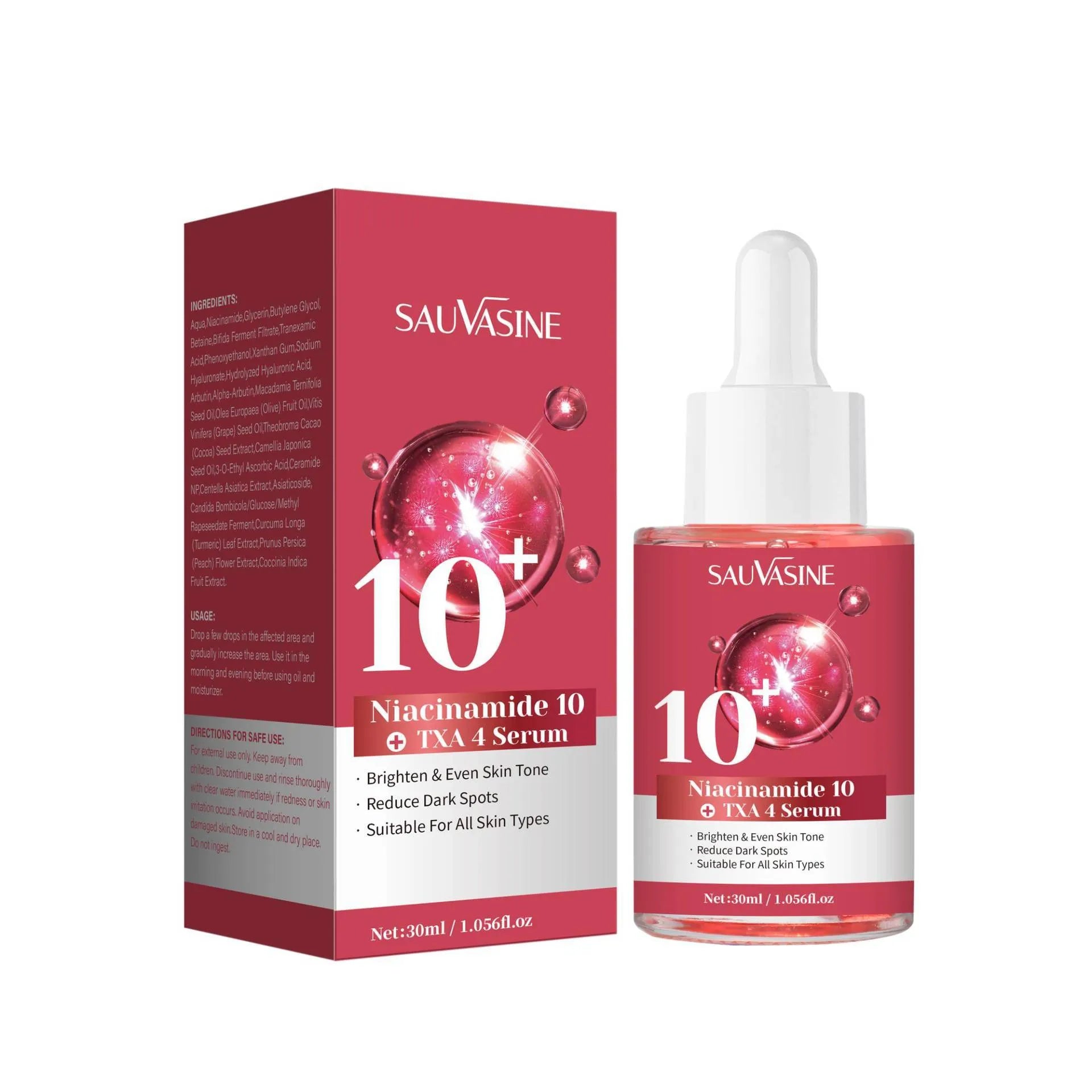30ml bottle of Niacinamide 10% TXA 4% brightening facial serum with pump dispenser.