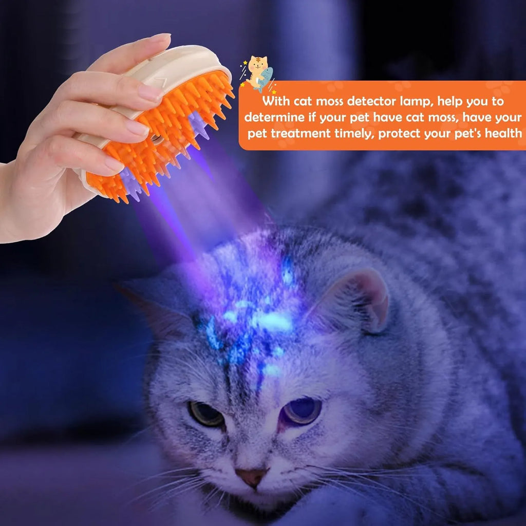 Yellow 4-in-1 USB rechargeable cat steam brush with silicone teeth, water tank, and ringworm detector lamp.