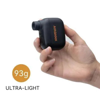 Black mini electric bicycle pump with USB charging cable and waterproof storage bag