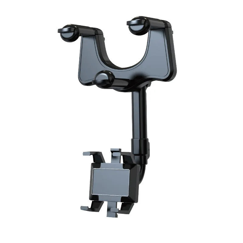 Black rearview mirror car phone holder with retractable arm and 360-degree rotating phone clip.