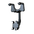 Black rearview mirror car phone holder with retractable arm and 360-degree rotating phone clip.
