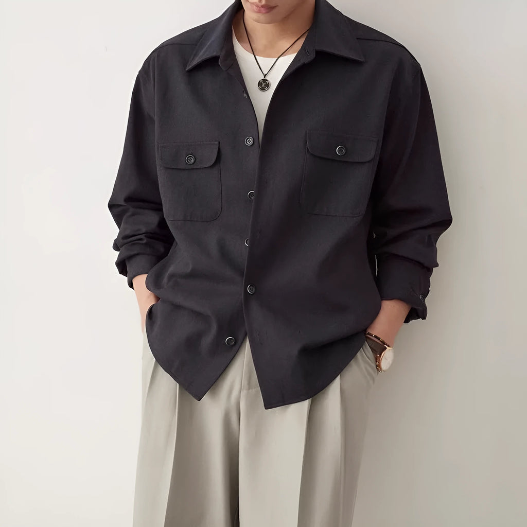 Men's simple profile long sleeve shirt in light sand rice colour with collage stitching detail.