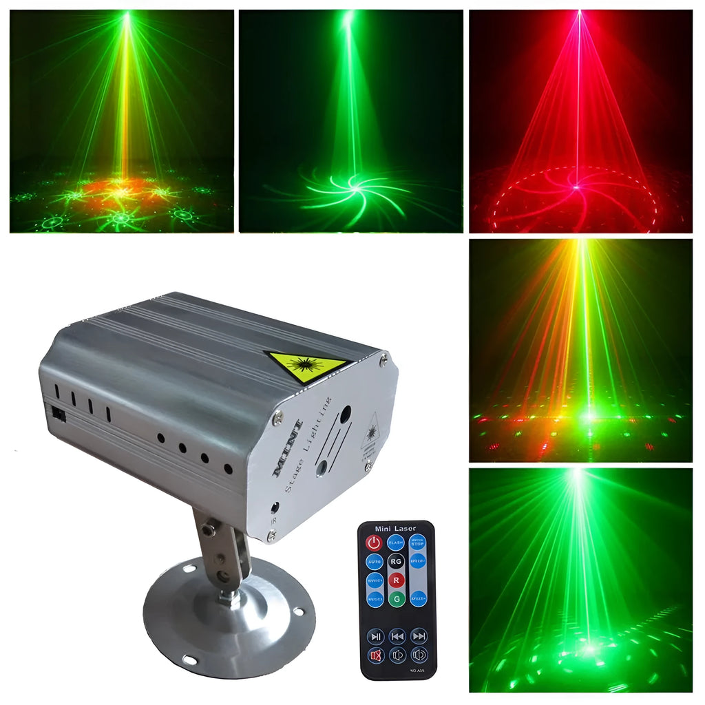 KTV laser light with red and green beams projected on wall, compact black unit with bracket