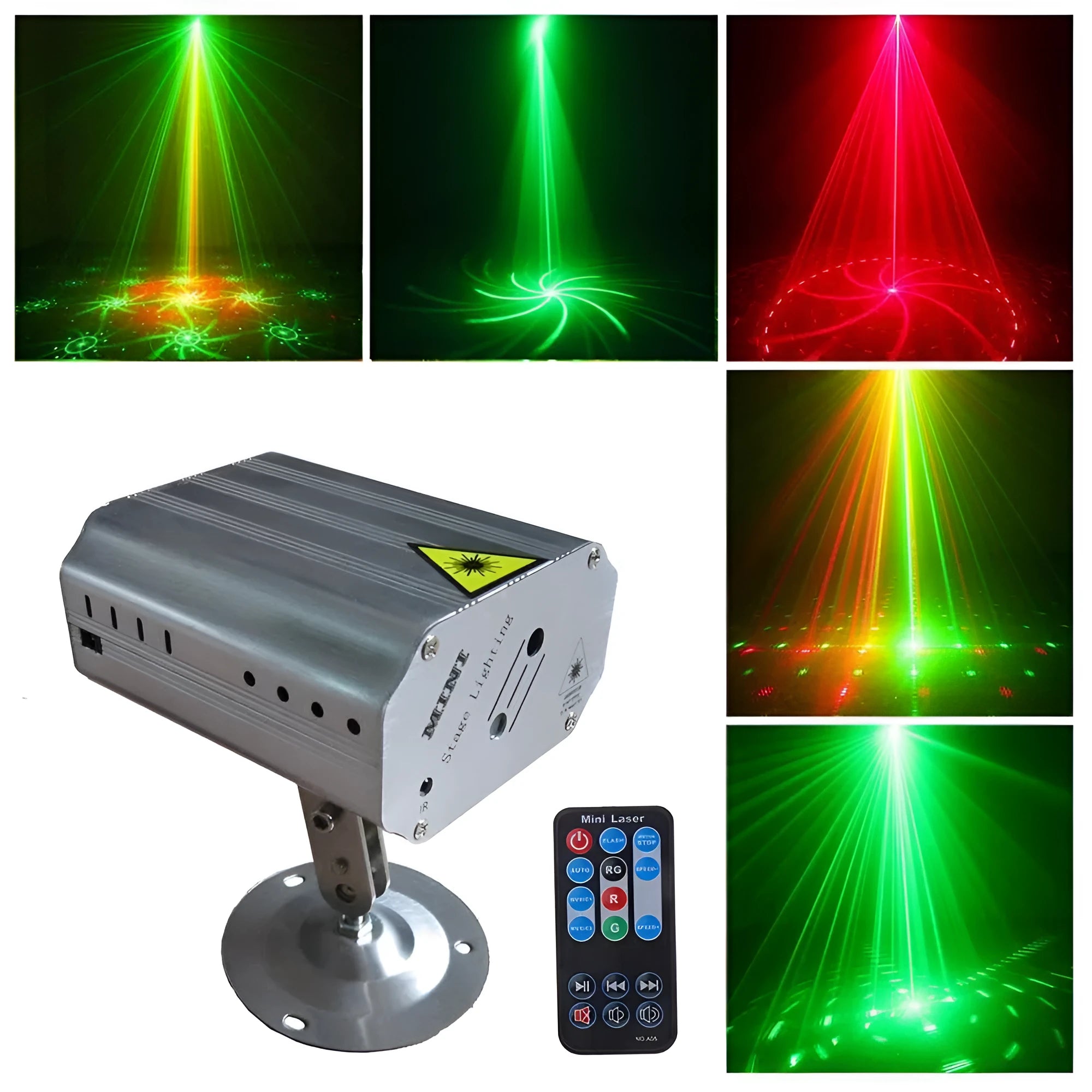 KTV laser light with red and green beams projected on wall, compact black unit with bracket