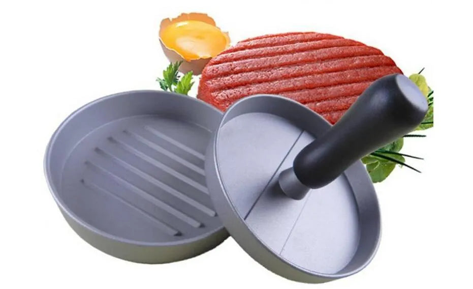 Aluminium die cast single burger press with handled press plate and base, 12x12x9 cm