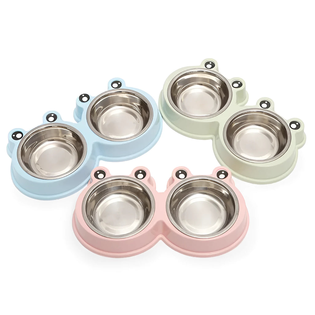 Stainless steel frog-shaped double pet bowl for food and water, available in blue, green, or pink.