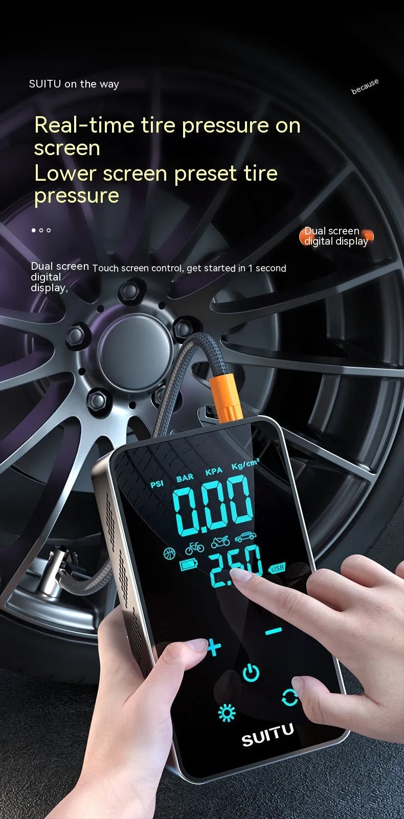 Wireless car tyre pressure inflator with LCD screen showing pressure reading
