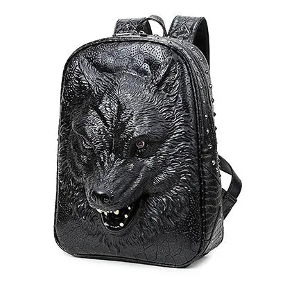 3D wolf head PU leather backpack in black with rivet details, large capacity, side view