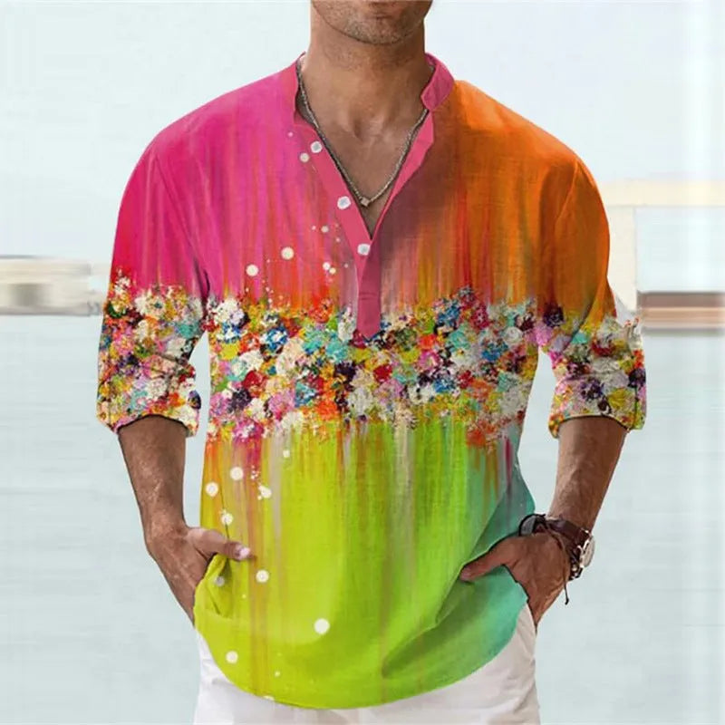 British style bamboo hemp short sleeve shirt with 3D thermal transfer stripe patterns in summer colours