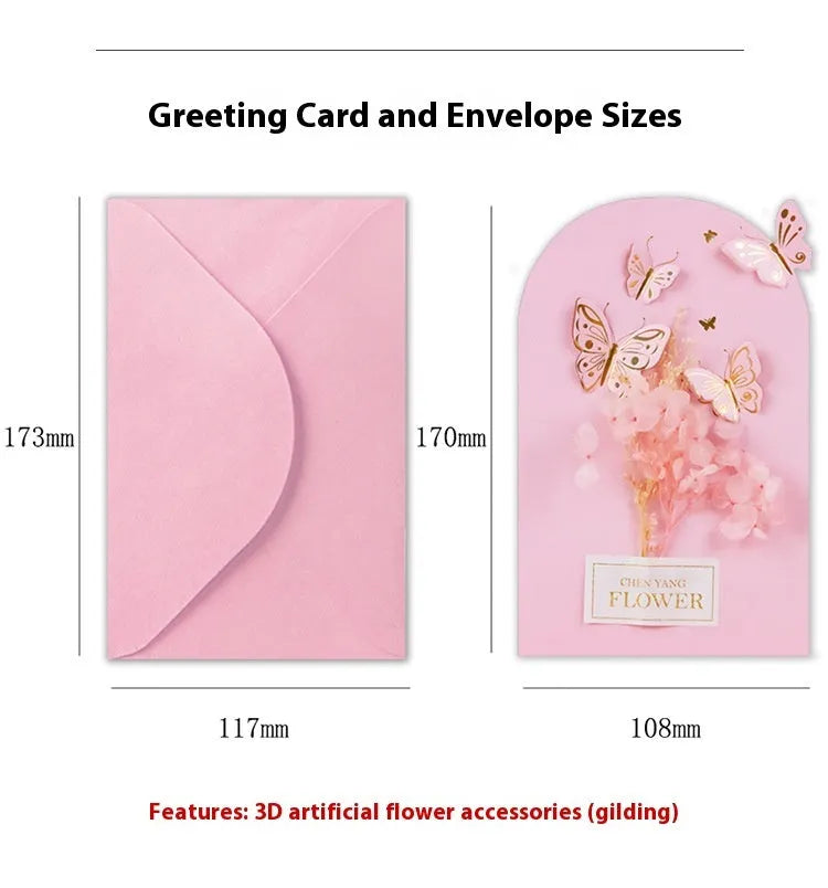 Handmade 3D boxed greeting card with butterfly shape, hot stamping, and artificial flowers on coated paper.