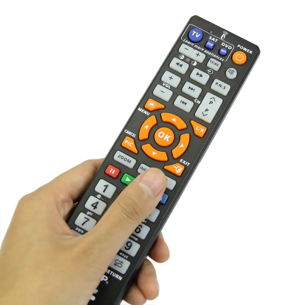 Black L336 universal learning remote control with full button keypad on a white background.