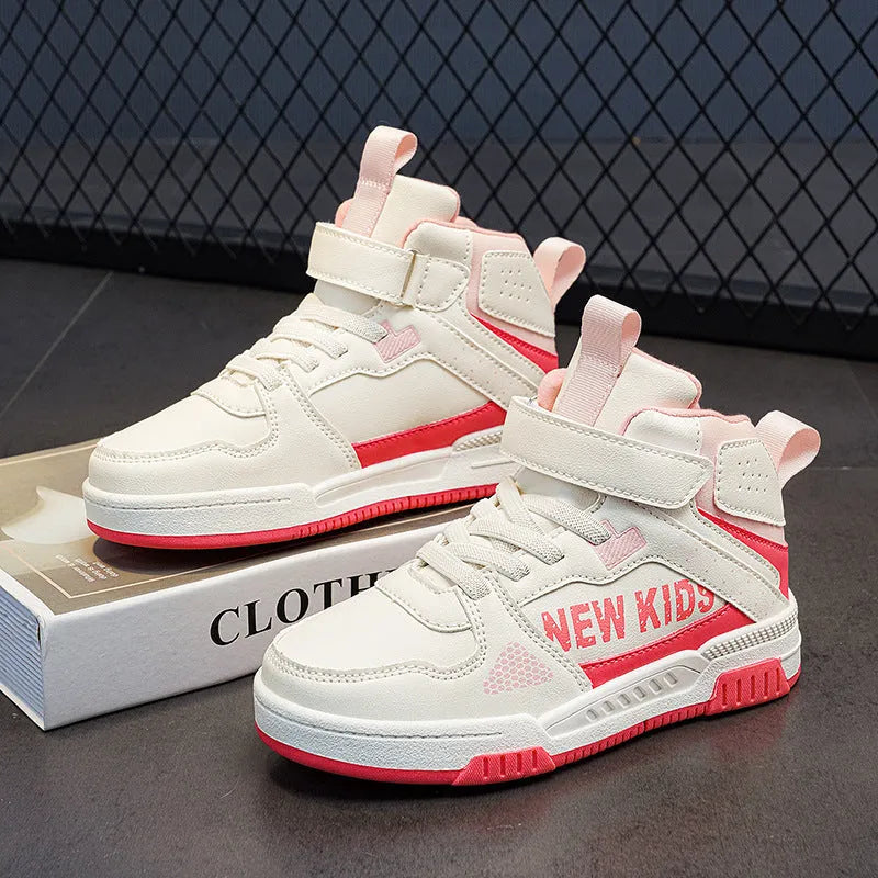 Children's beige green street sneakers with a buckle closure, PU upper, and rubber sole.