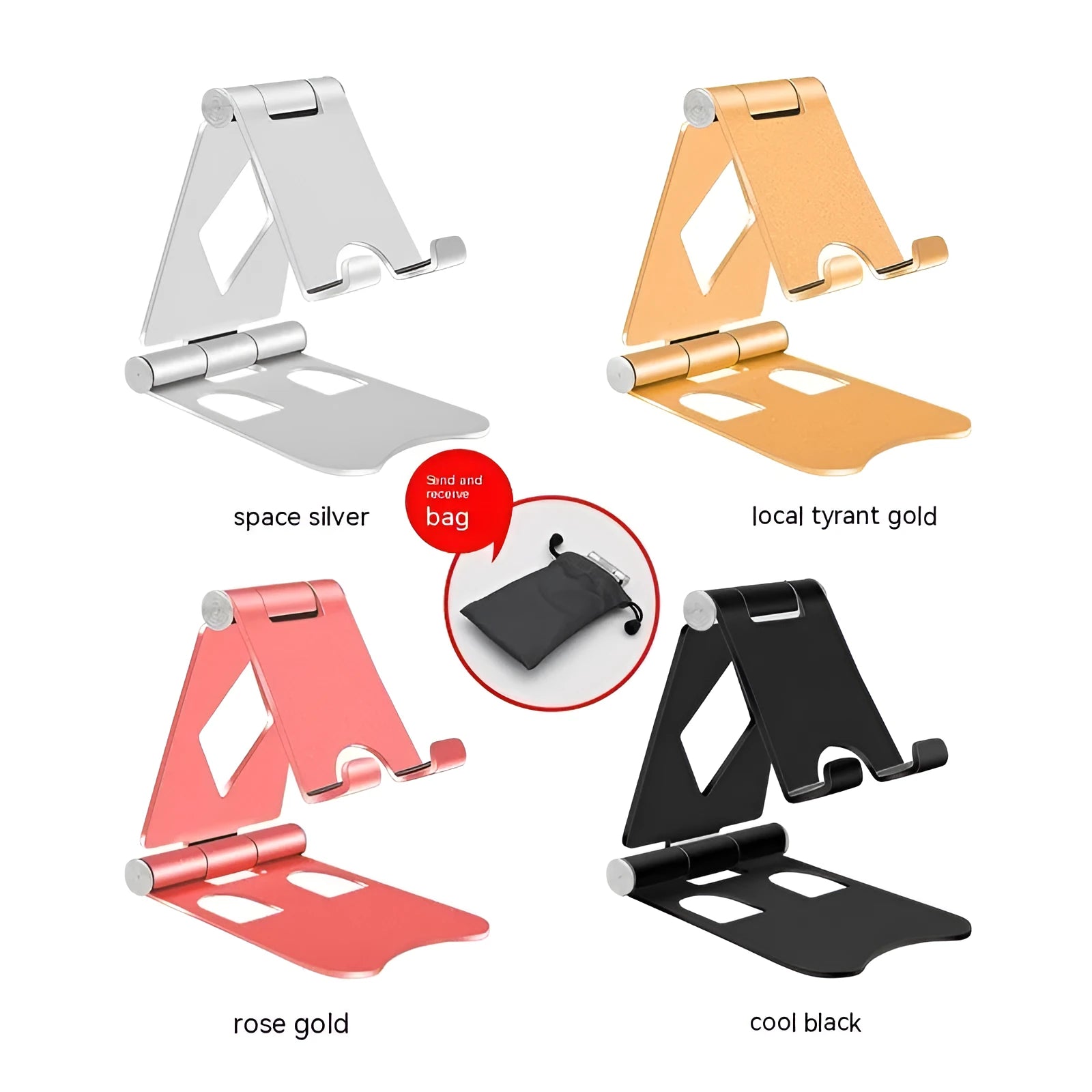 Aluminium alloy folding mobile desktop stand in metallic finish on a desk