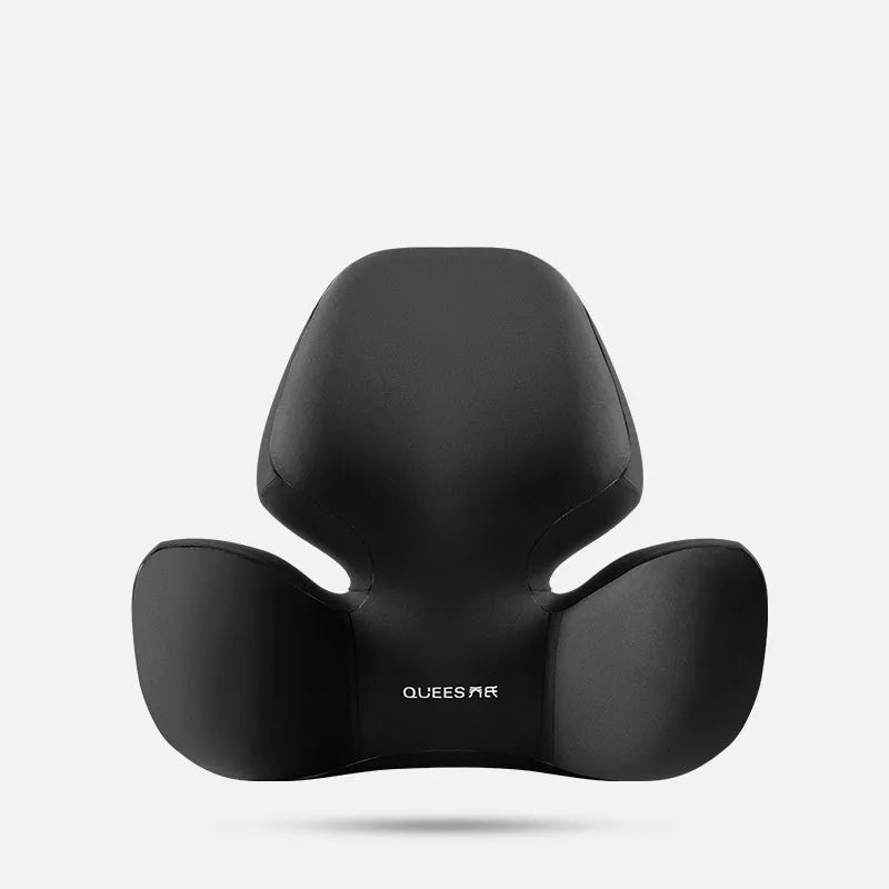 Black and grey memory foam car lumbar support pillow and matching headrest cushion on a car seat.