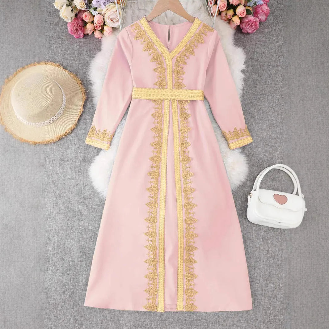 Children's girls lace v-neck dress in ice blue, Dubai style, polyester fabric suitable height 4Y-12Y