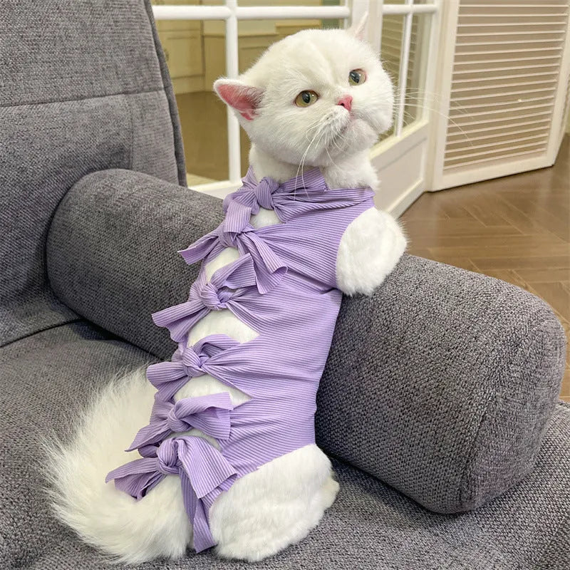 Lace-up cat sterilisation clothing in blue colour, shown on a mannequin, with adjustable ties.