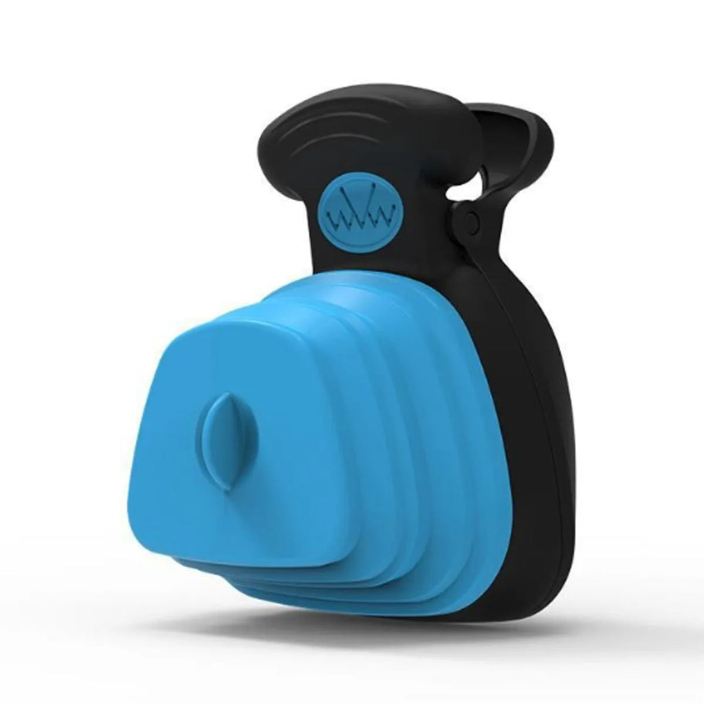 Blue portable pooper scooper with expandable container and carabiner clip for dog waste cleanup