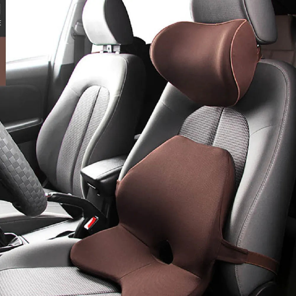 Memory foam car seat waist cushion and lumbar support pad with removable polyester cover.