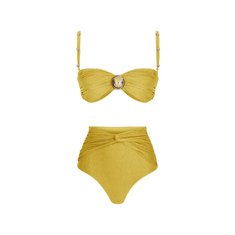 Women's high waist split bikini swimsuit in nylon fabric, available in green and yellow colour options