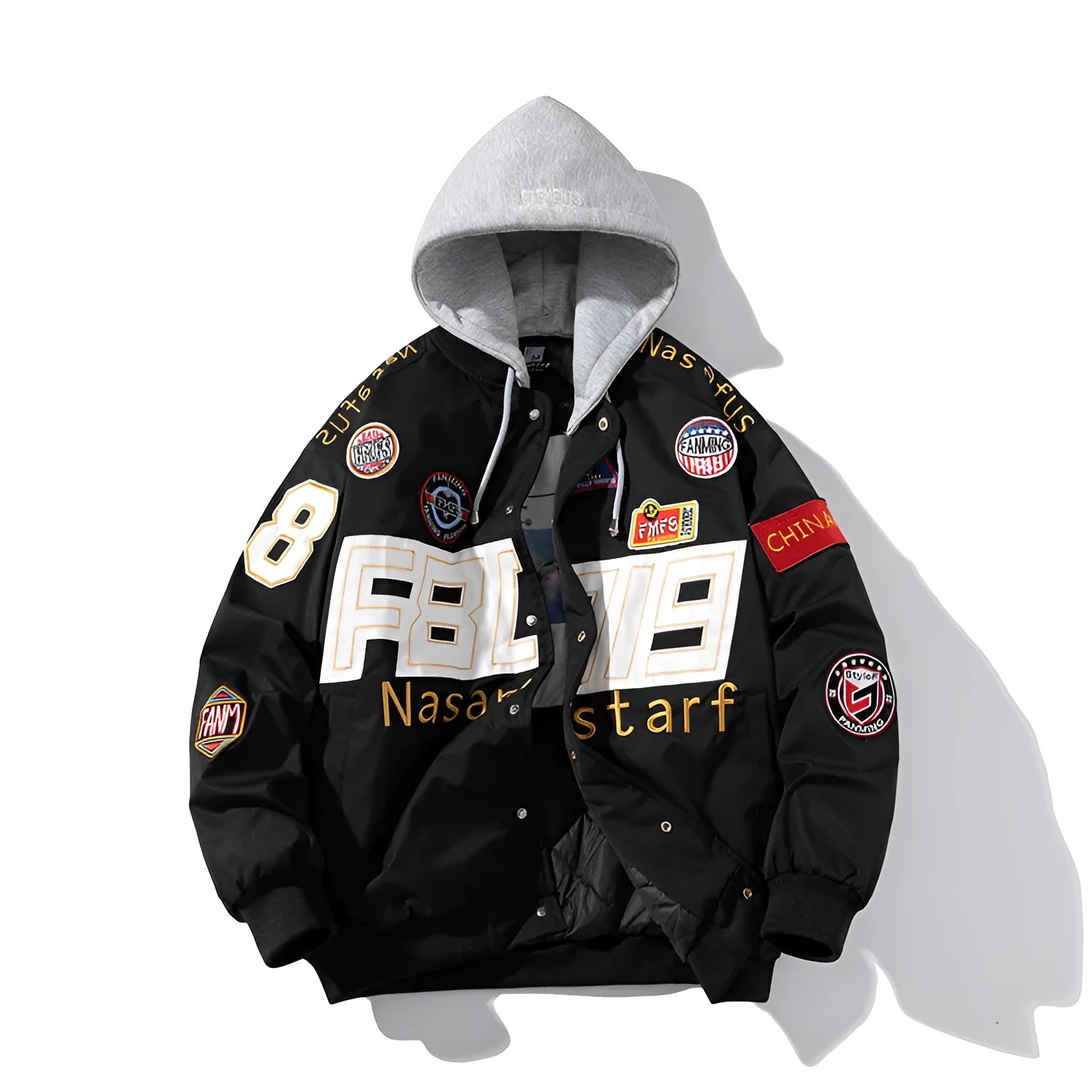 Black American motorcycle baseball uniform jacket with side pockets and removable hood