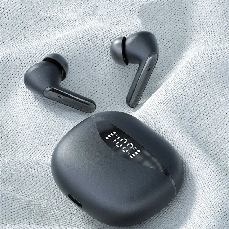 Wireless Bluetooth TWS noise reduction earbuds in black and white with compact charging case