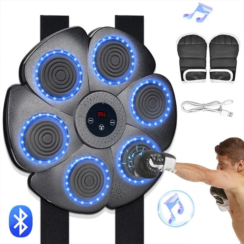 Black smart boxing wall target with Bluetooth and LED lights, includes half-finger boxing gloves