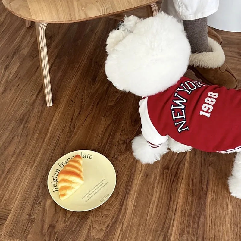 Simple printed autumn pet baseball uniform in dark blue jersey fabric, front view, size options XS to XL for dogs and cats