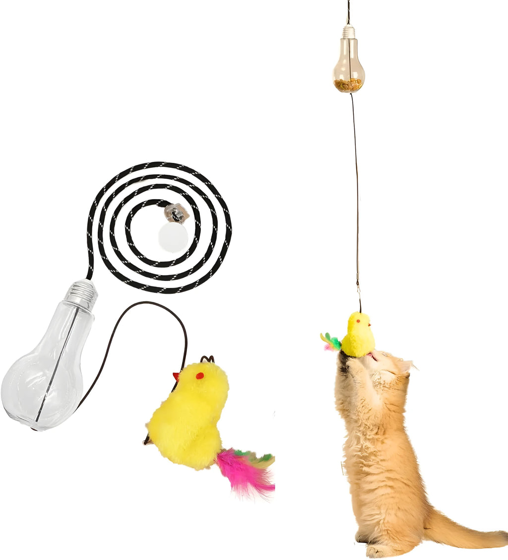 Grey and yellow interactive cat teaser toy with retractable rope, treat bulb, and dangling mouse, hanging from a door frame.