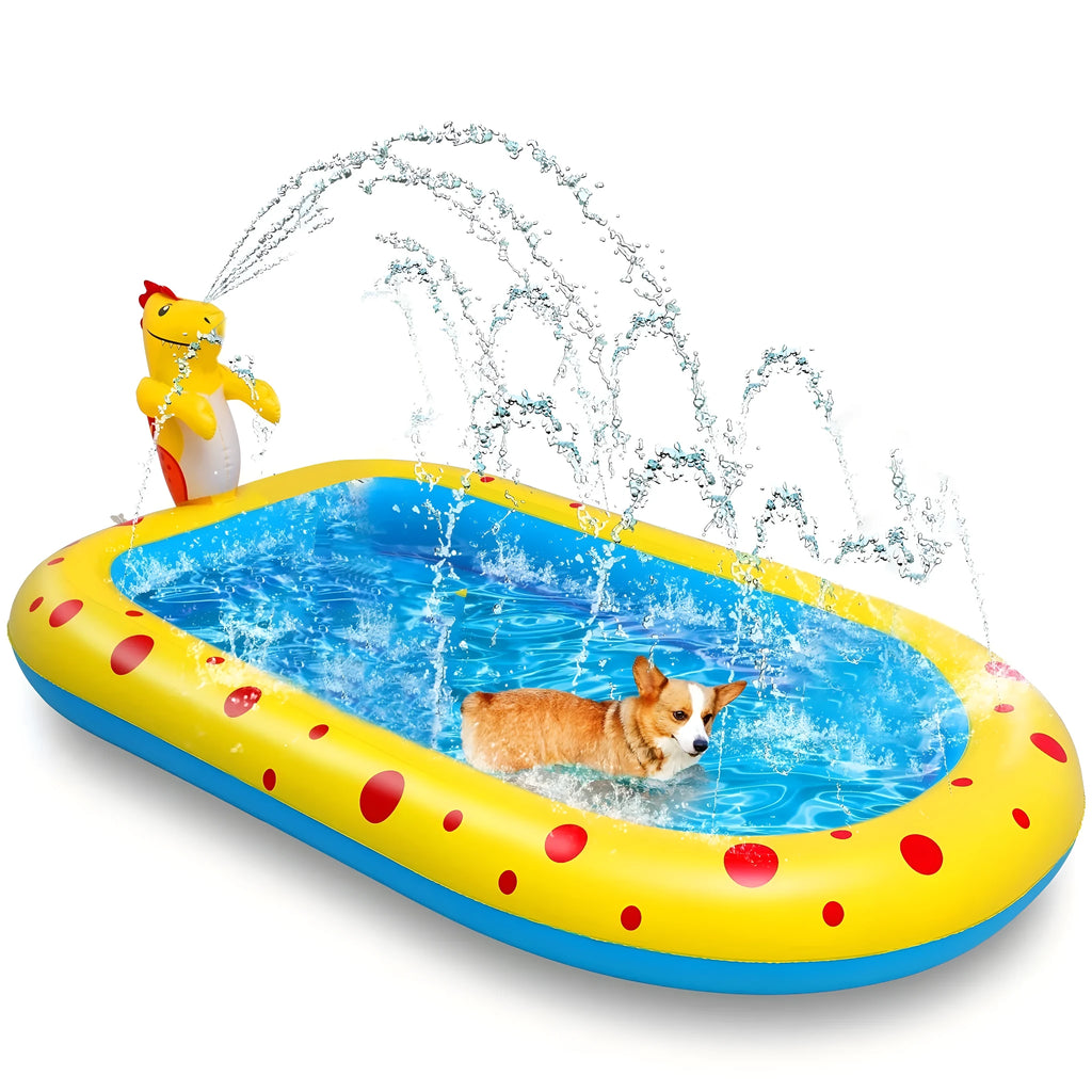 Blue inflatable dinosaur-shaped kids' pool with shark graphics and a water spray jet.