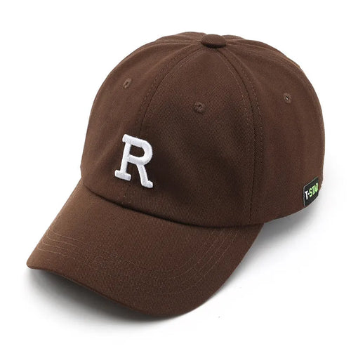 Adjustable unisex baseball cap with embroidered letter R in black cotton satin weave with brim
