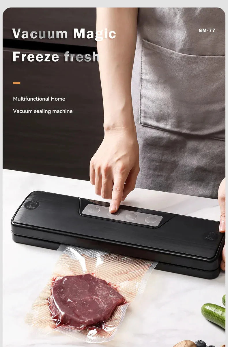 White compact automatic vacuum sealer machine for household food preservation on kitchen counter