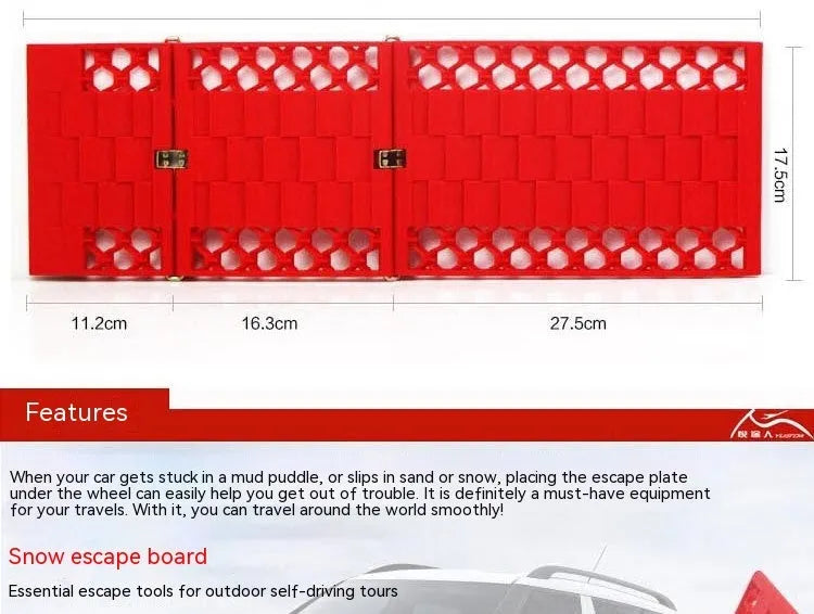 Orange folding rescue boards for vehicle recovery in mud and snow conditions