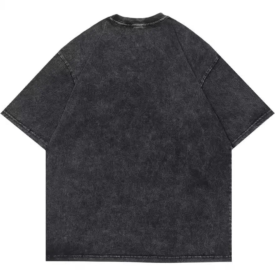 Men's loose black cotton t-shirt with cartoon print design in retro streetwear style