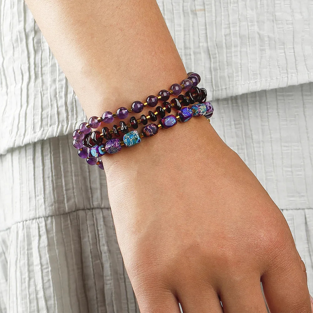 Natural amethyst round beads stone bracelet with garnet, purple colour, geometric shape, unisex style