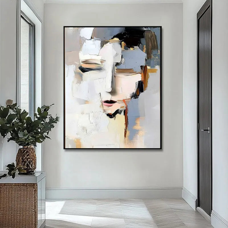 Abstract woman portrait hand-painted oil painting on canvas, black and white, modern wall art for living room