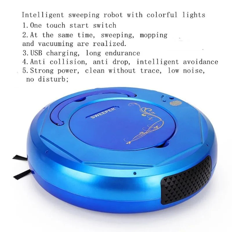 Lazy Smart floor sweeping robot vacuum cleaner in blue, black, or white colours with charging cable and cleaning accessories