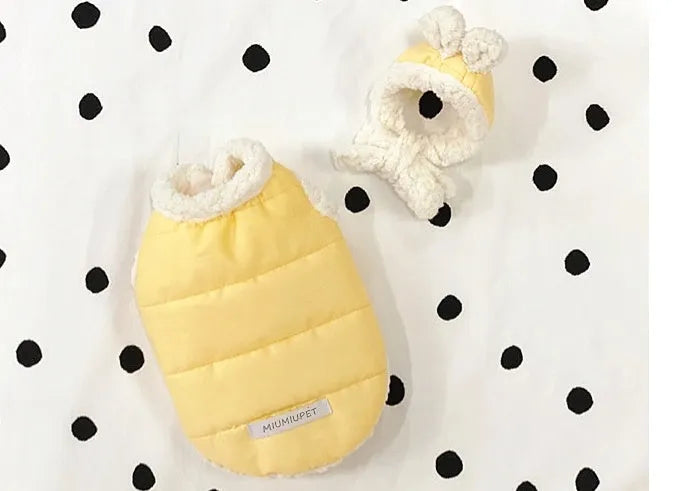 Cotton-padded pet clothes in casual style for dogs, available in black, pink, and yellow, sizes XS to XL